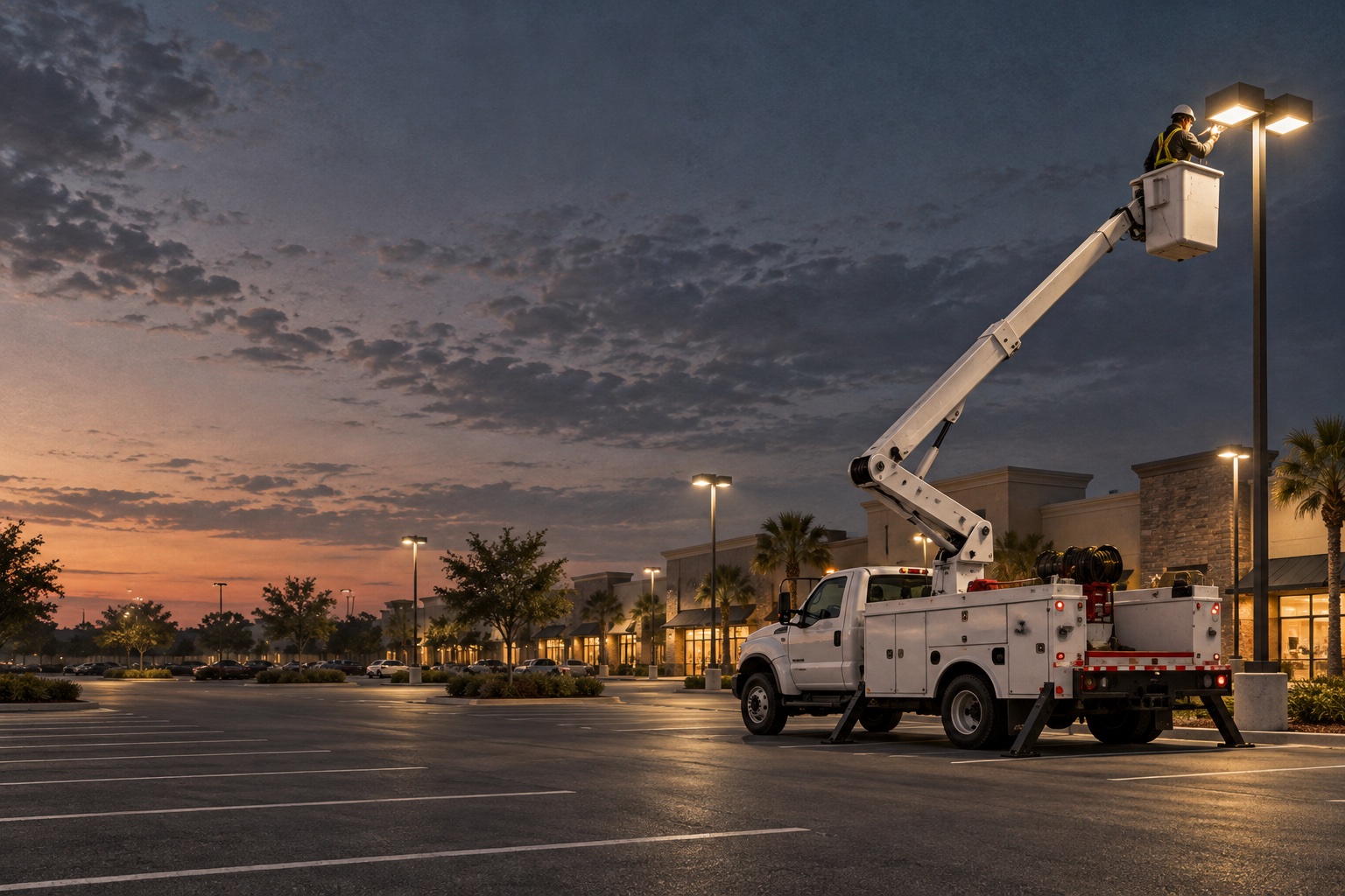 Illustration of a bucket truck servicing a parking-lot light at dusk
